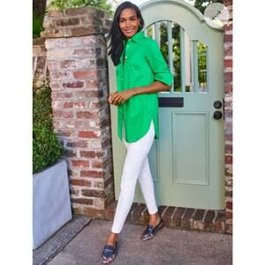 Talbots Sz S Kelly Green The Boyfriend‎ Collared Button Up Curved Hem Cotton